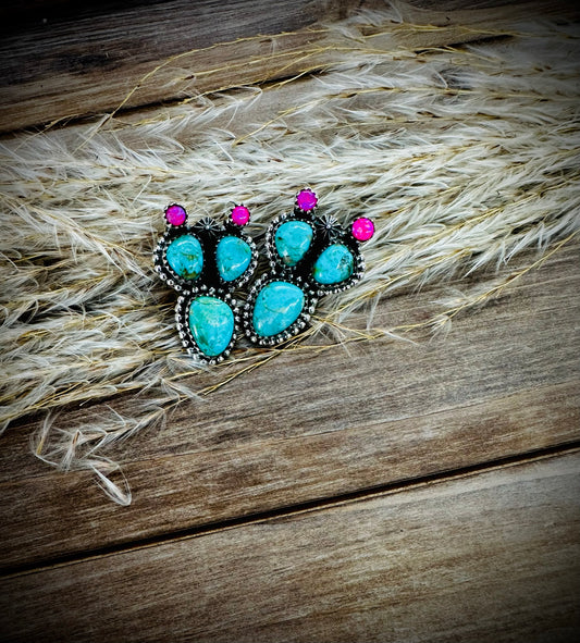 Kingman Turquoise Pink Opal Cactus Earrings