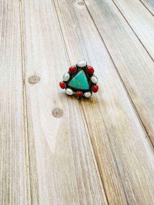 Turquoise/Coral and Fresh Water Pearls Adjustable Ring