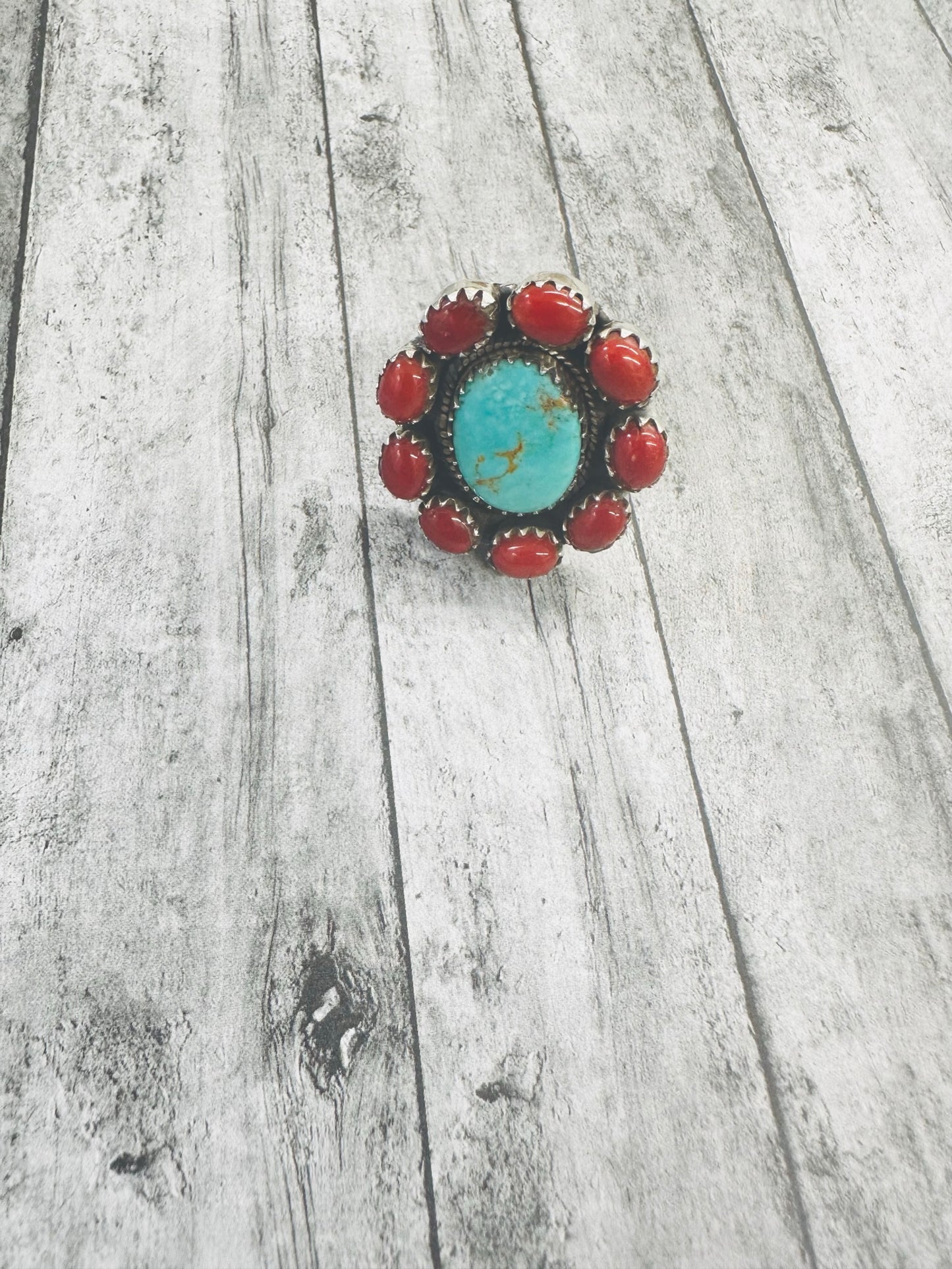 Turquoise and Coral Adjustable Ring