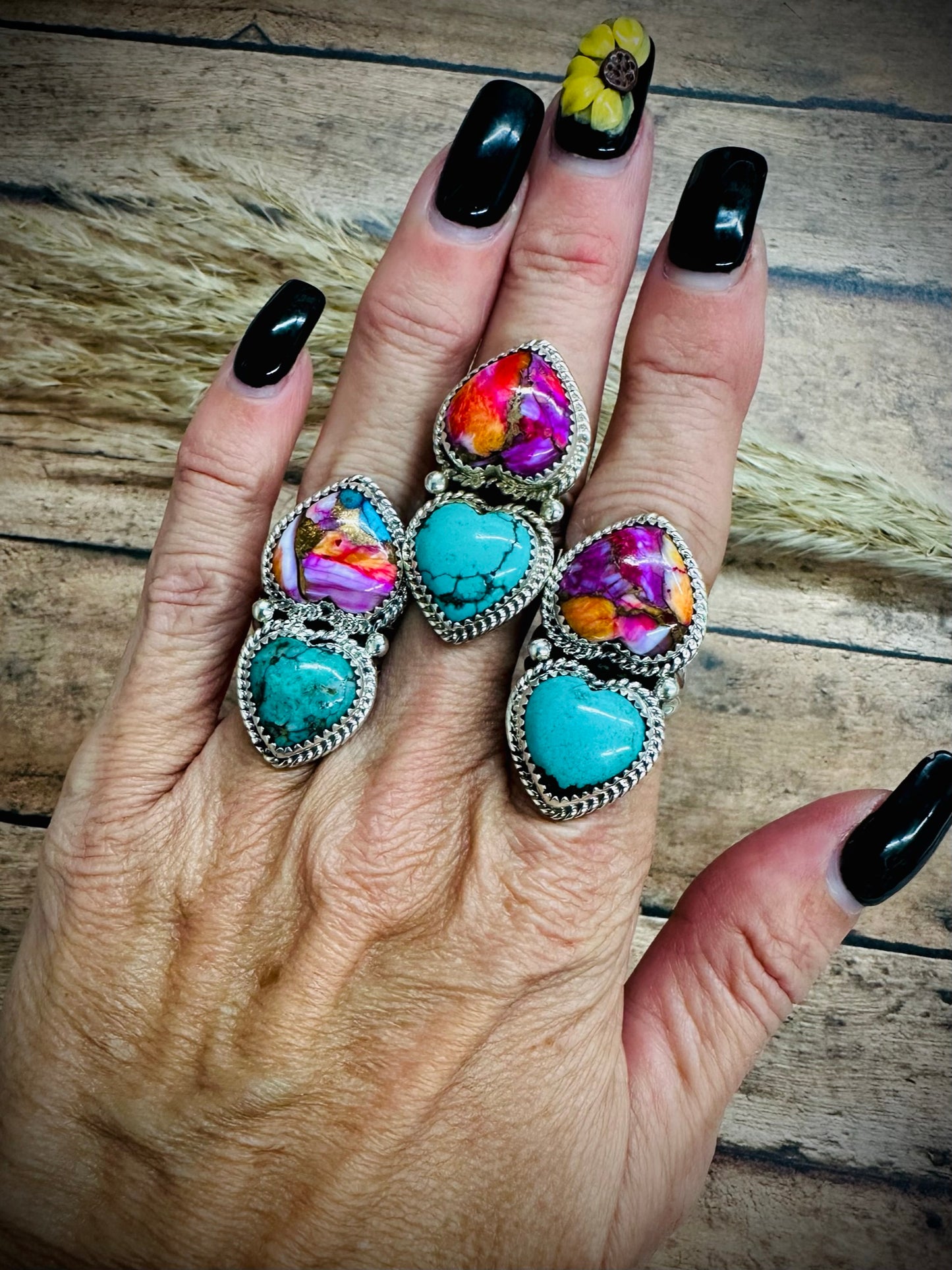 Double Heart Mojave and Turquoise Rings