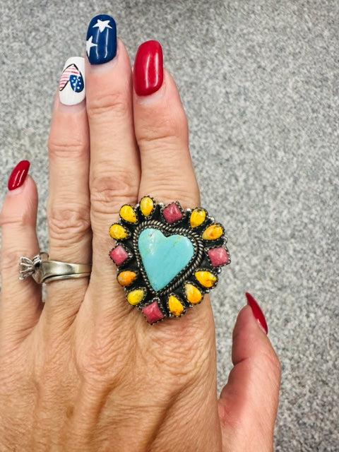 Heart Arizona Turquoise and Bumblebee Adjustable Ring