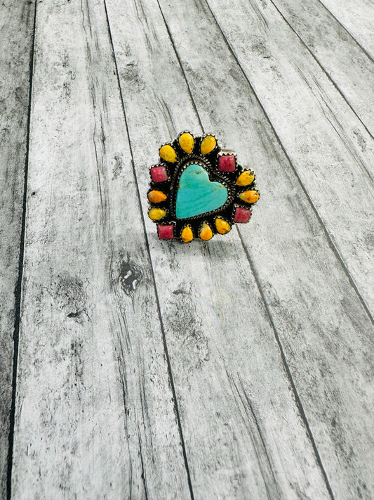 Turquoise, Thulite and Bumblebee Jasper Heart Adjustable Ring