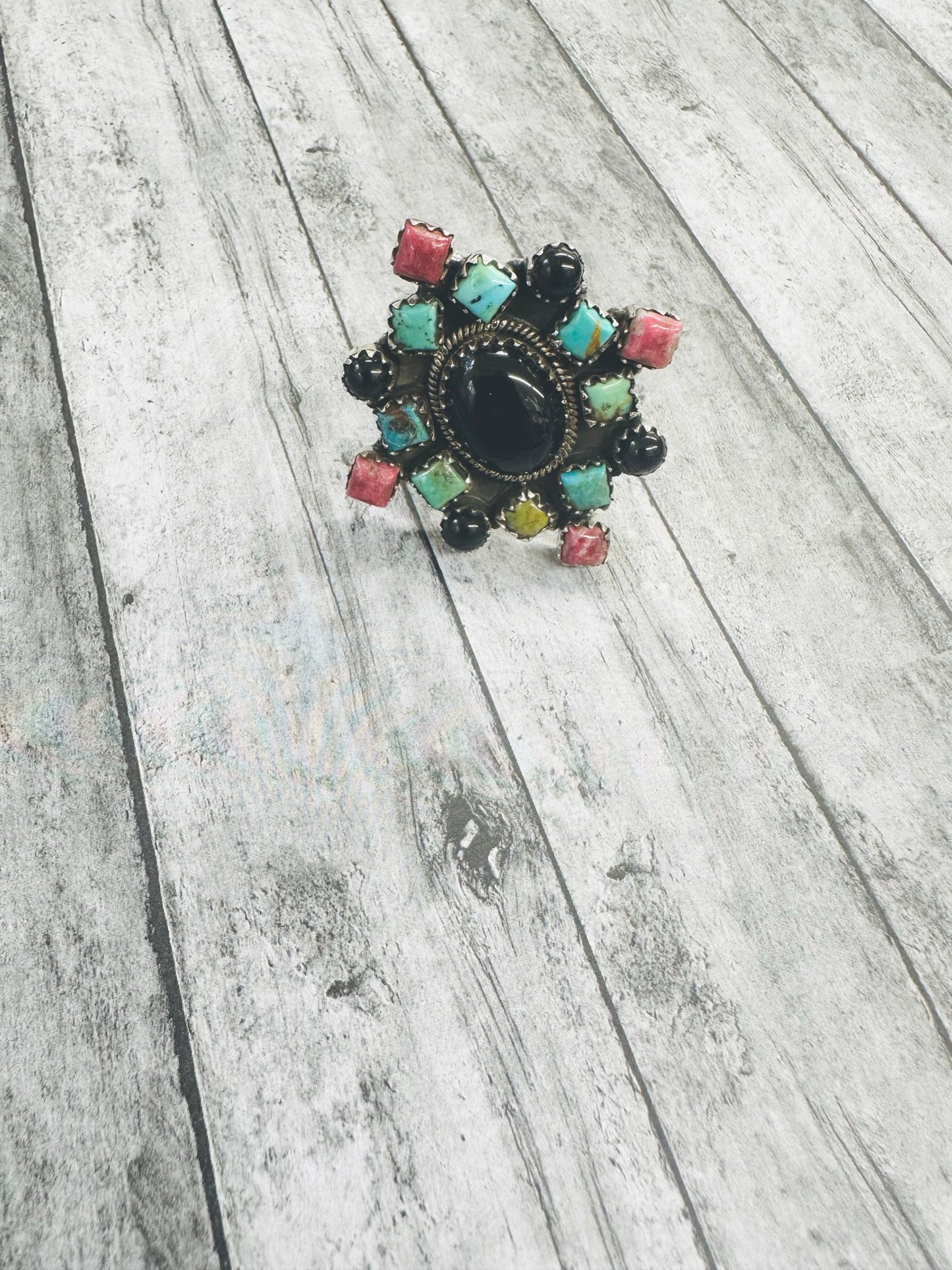 Turquoise, Black Onyx and Thulite Adjustable Ring